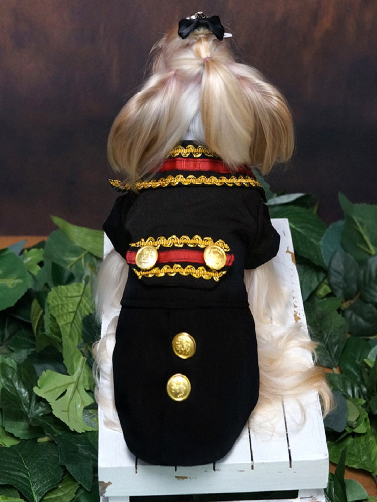 Handcrafted Royal Military Pet Suit Gold Trimmed Dog Outfit Jacket Suit Shirt Two-Piece Prince Uniform Badge