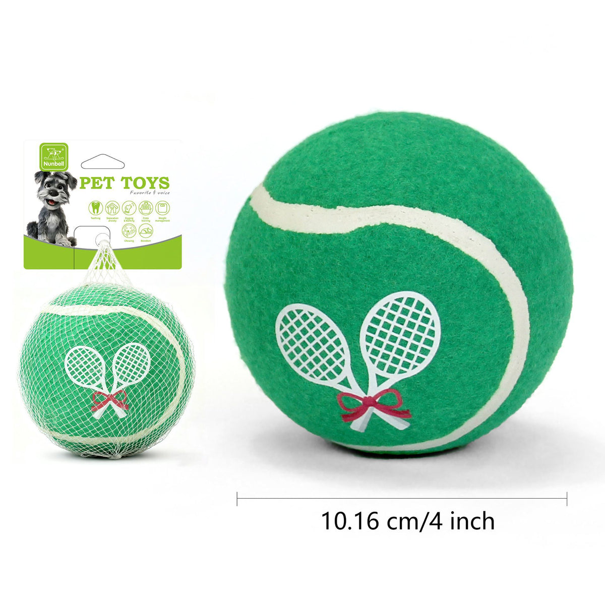 Green Nunbell crossed rackets tennis ball pet toy, 4 inches wide