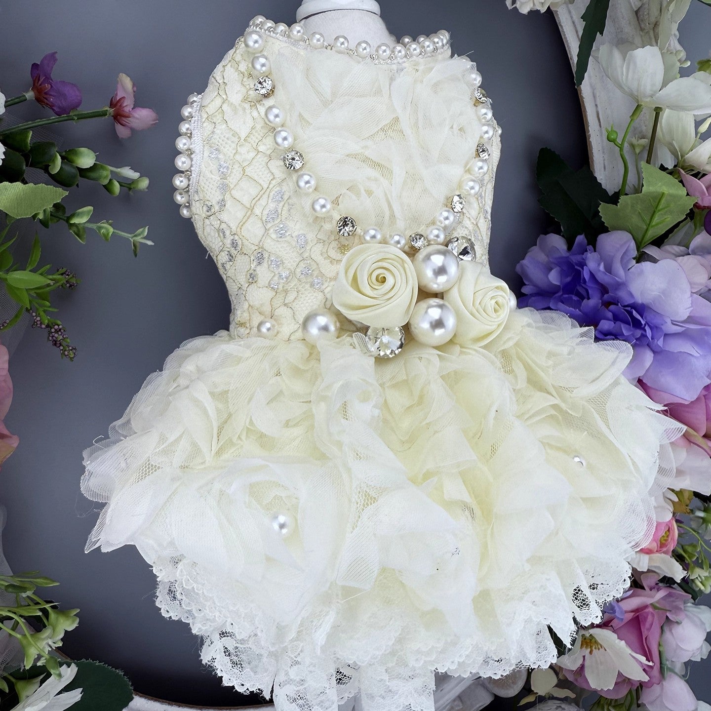Handmade Luxury Pearl & Rose Lace Pet Dress
