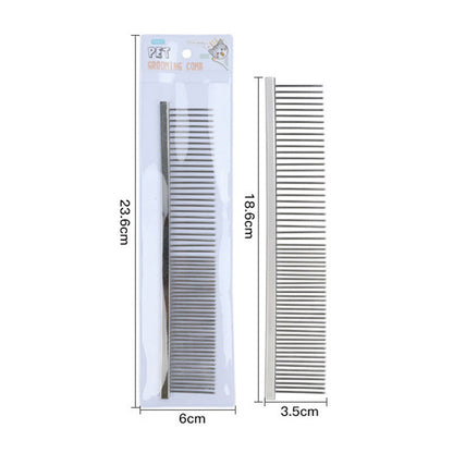 Large stainless steel pet row comb with packaging and measurements