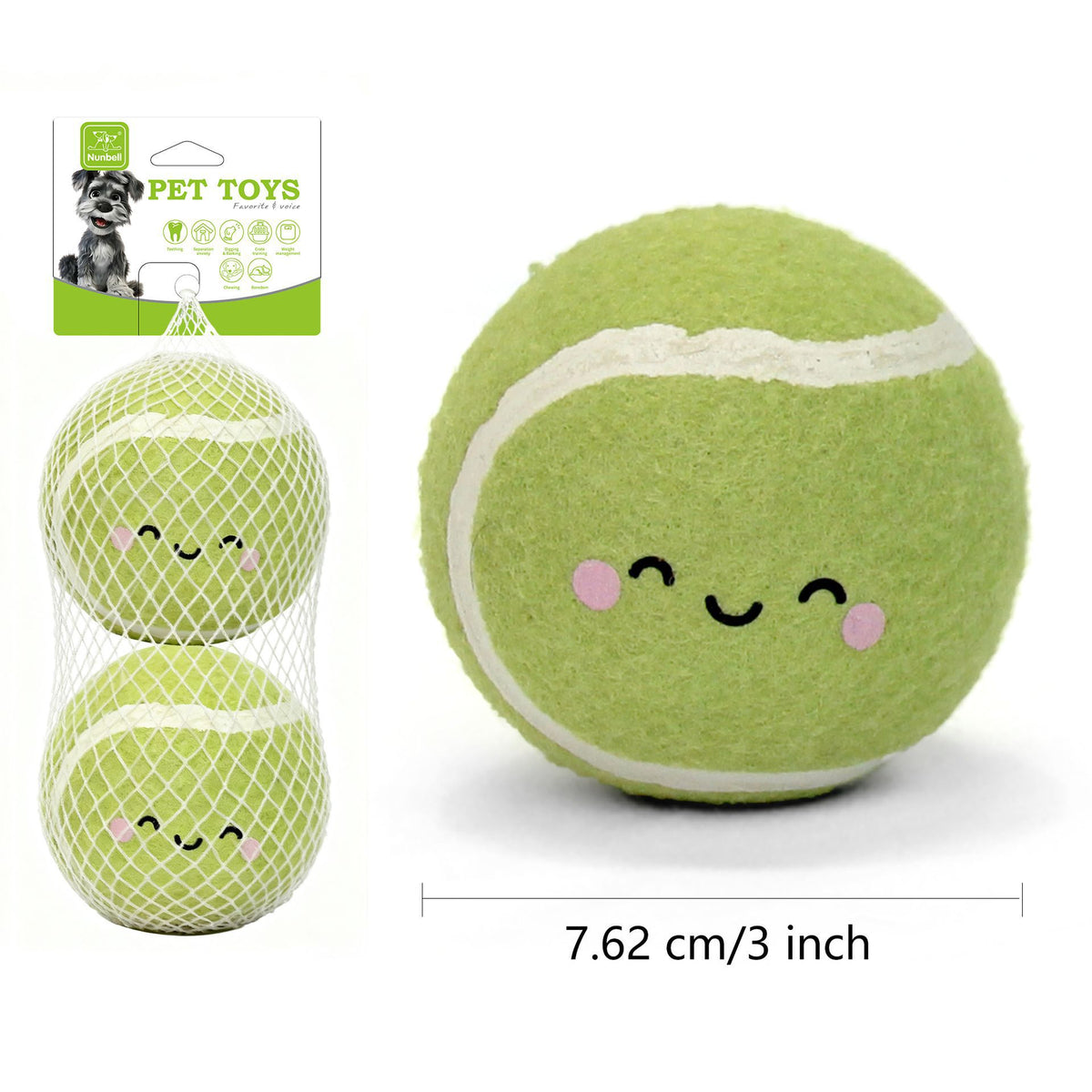 Light green smiley tennis balls two-pack, each 3 inches wide