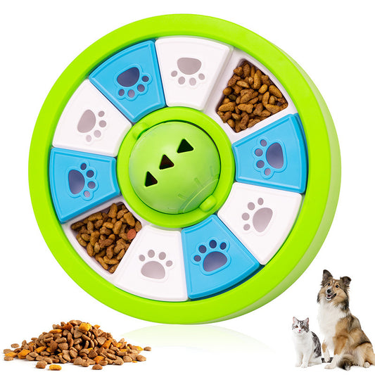 Green round dog puzzle feeder toy with blue and white sliding treat covers