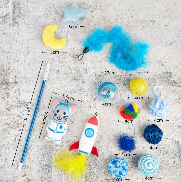 Thirteen piece space cat toy set showing approximate dimensions