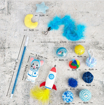 Thirteen piece space cat toy set showing approximate dimensions