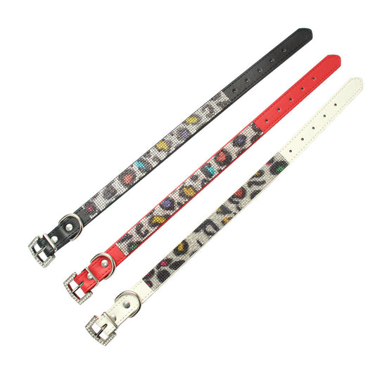 Rhinestone Leopard PU Dog Collar