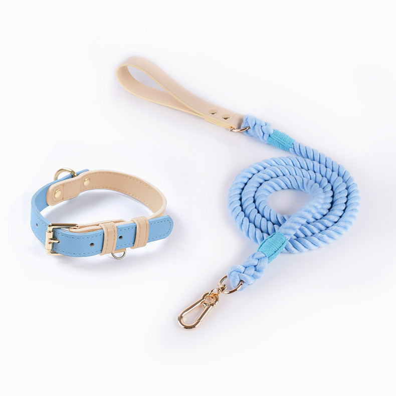 Luxury Pastel Dog Collar and Rope Leash Set – Adjustable Leather Pet Collar with Soft Cotton Lead for Small & Medium Dogs