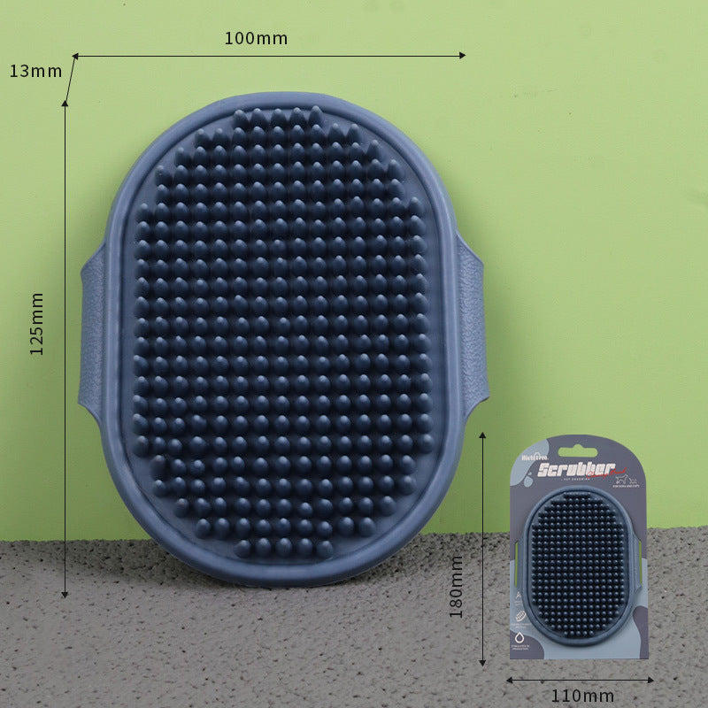 Blue TPR pet bath brush measurement diagram with palm grip