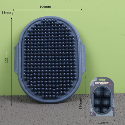 Blue TPR pet bath brush measurement diagram with palm grip
