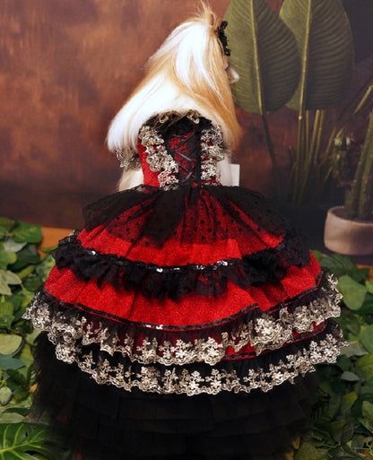 Victorian-Inspired Red and Black Lace Dog Trailing Dress Gothic Pet Gown Clinoline