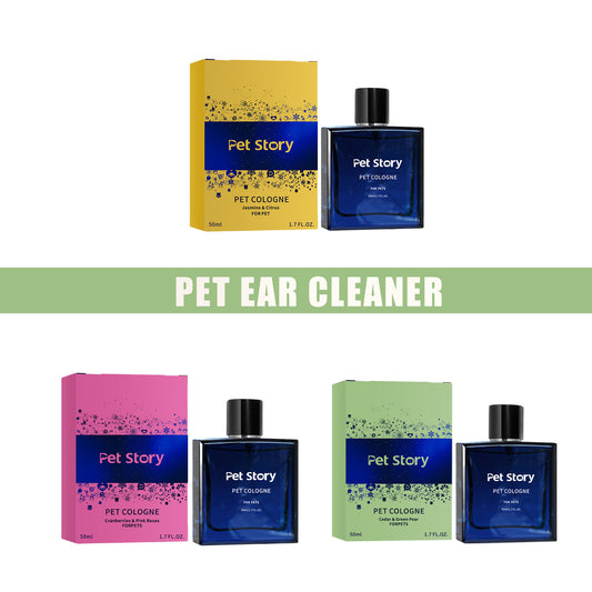 Three Pet Story 50 ml pet cologne scent options showing Jasmine and Citrus, Cranberries and Pink Roses, and Cedar and Green Pear