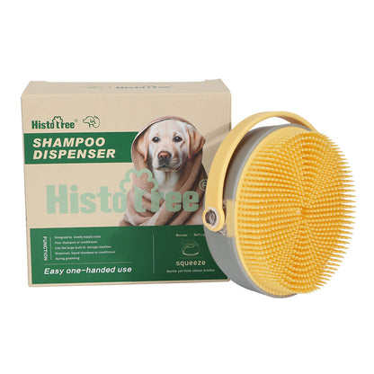 Gray Yellow pet shampoo dispensing brush with fine silicone bristle side and box