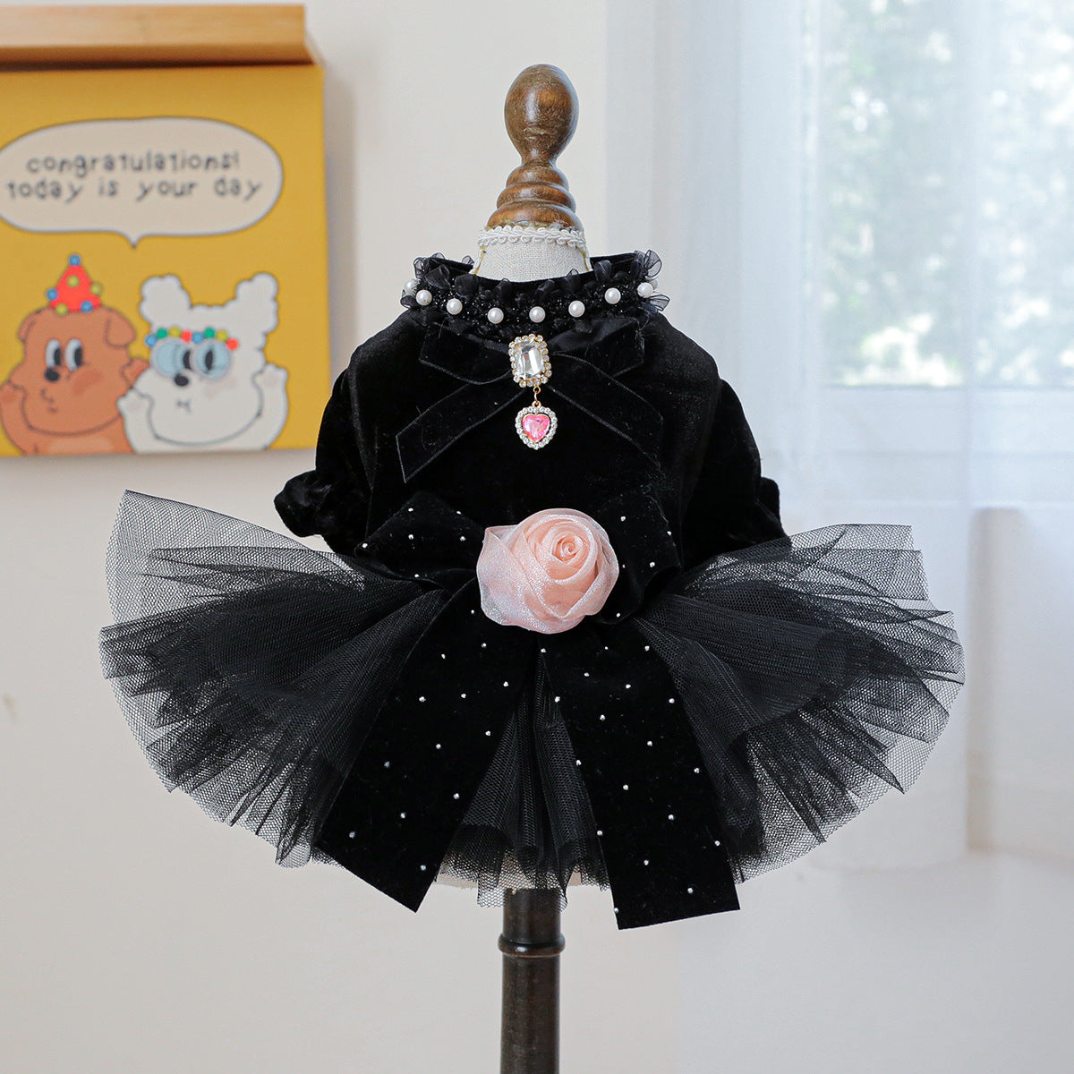 Dog dress black velvet rose