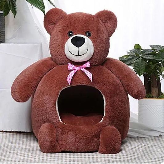 teddy bear pet bed house plush sleeping cave for small dogs and cats beige and brown colors