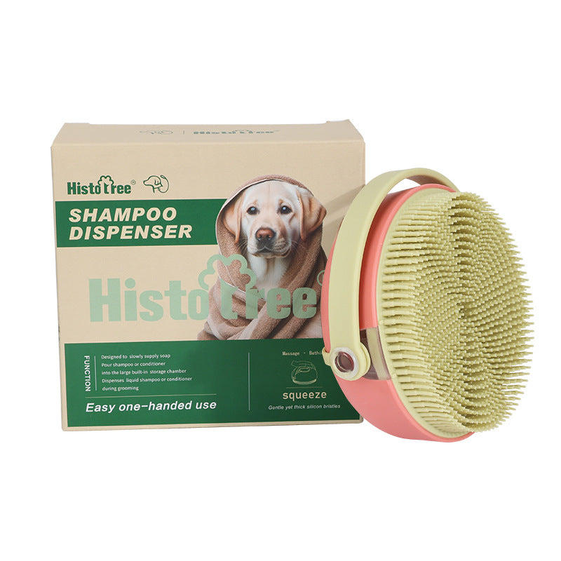 Pink Green shampoo dispensing pet bath brush with fine silicone bristles and product box