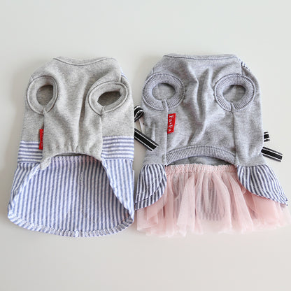 Back view comparison of striped pocket pet shirt and tulle pet dress