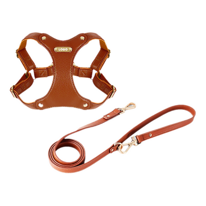 Luxury Leather Dog Harness & Leash Set – Brown/Green