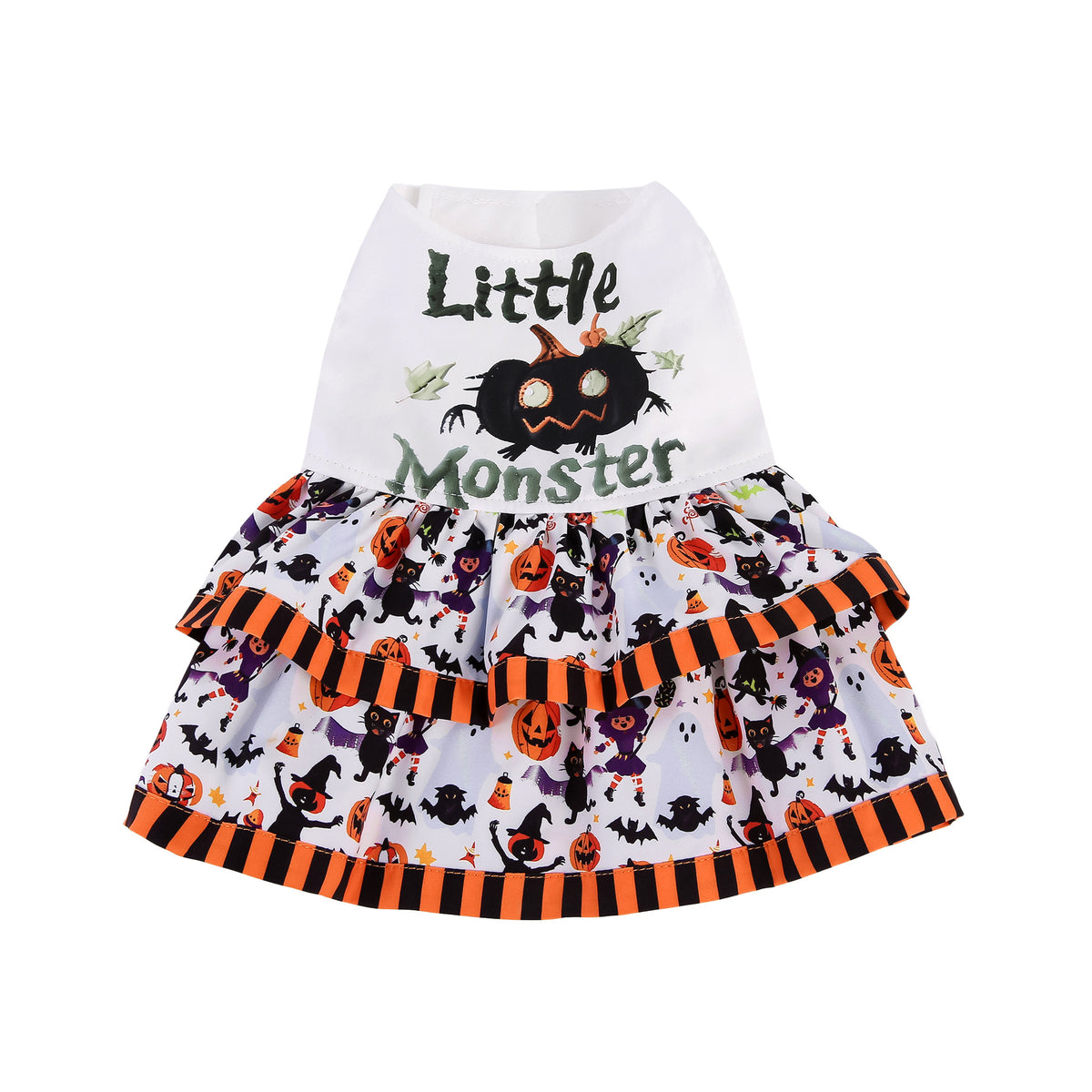 Little Monster Halloween pet dress with white bodice double ruffle skirt and orange black trim
