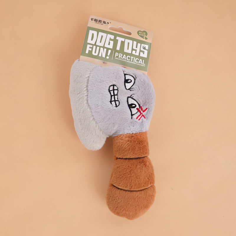 Gray and brown plush axe pet toy with expressive embroidered face