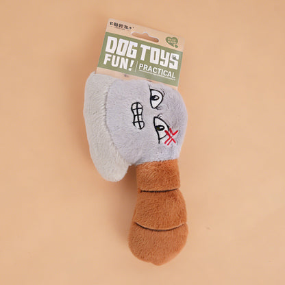 Gray and brown plush axe pet toy with expressive embroidered face