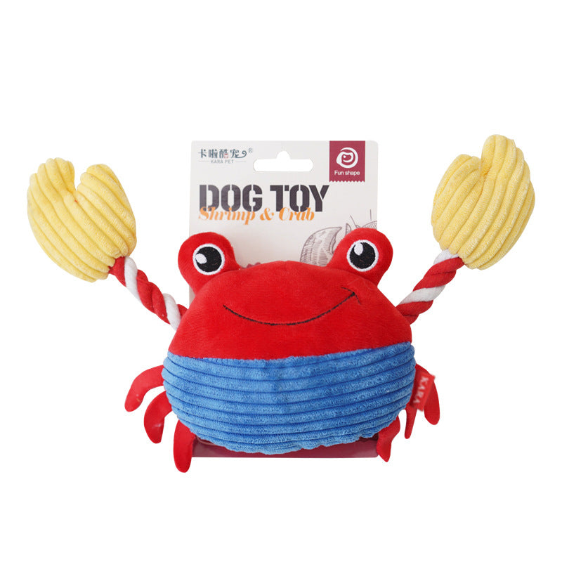 Red and blue crab plush dog toy with yellow rope knot claws