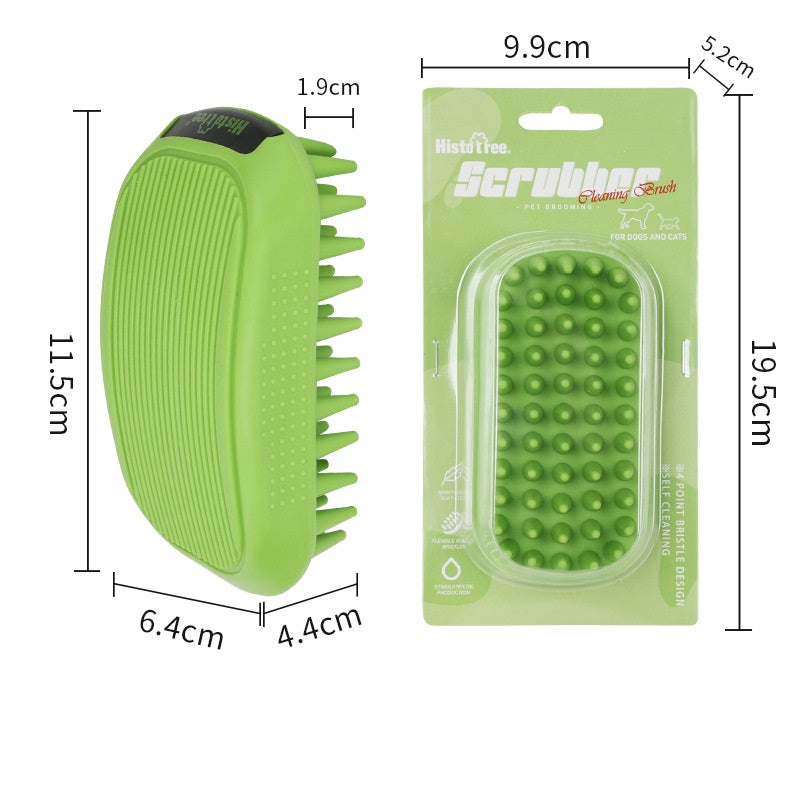 Green silicone pet bath brush with package and size measurements