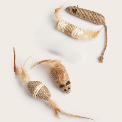 Assorted natural rope mouse and feather cat toys