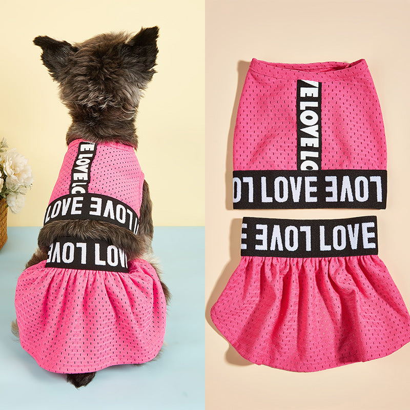 Small dog modeling the rose pink LOVE dog dress beside a flat product view