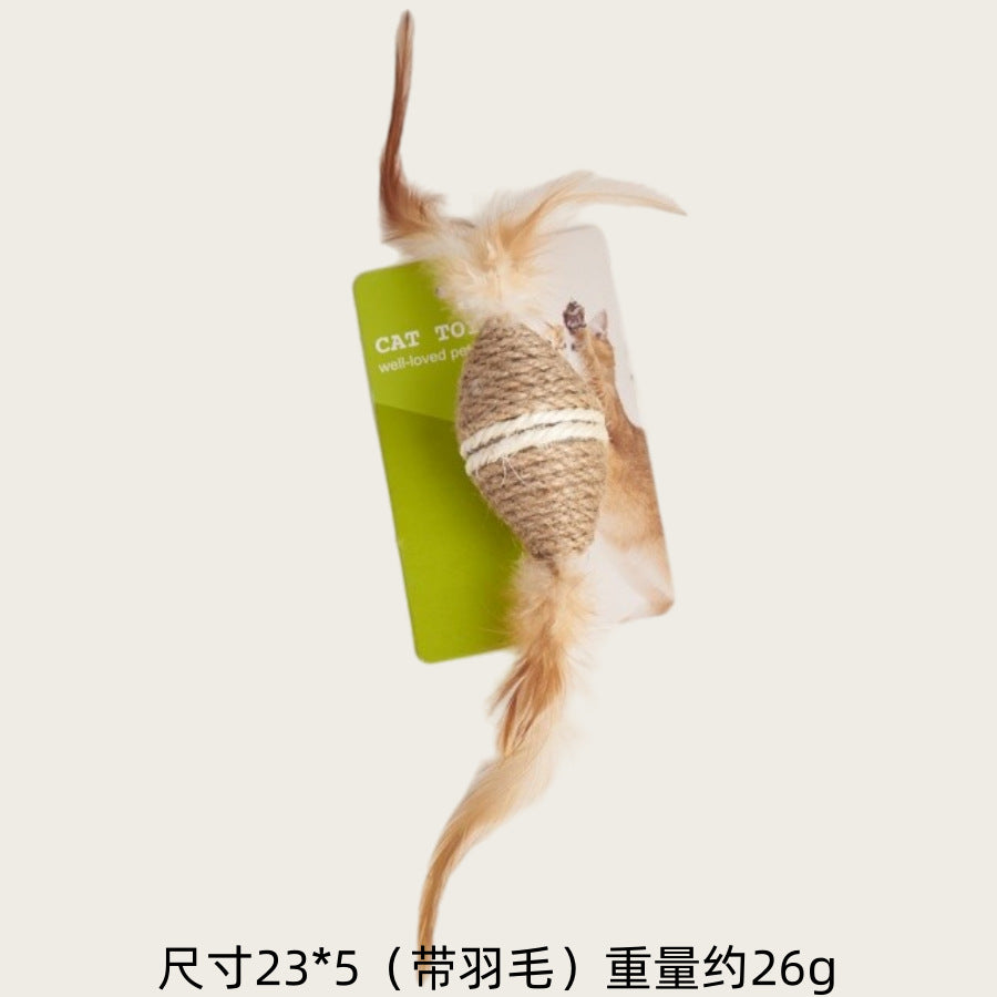 Natural sisal oval cat toy with feathers and approximate dimensions