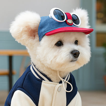 Denim Pet Cap with Red Brim and Sunglasses