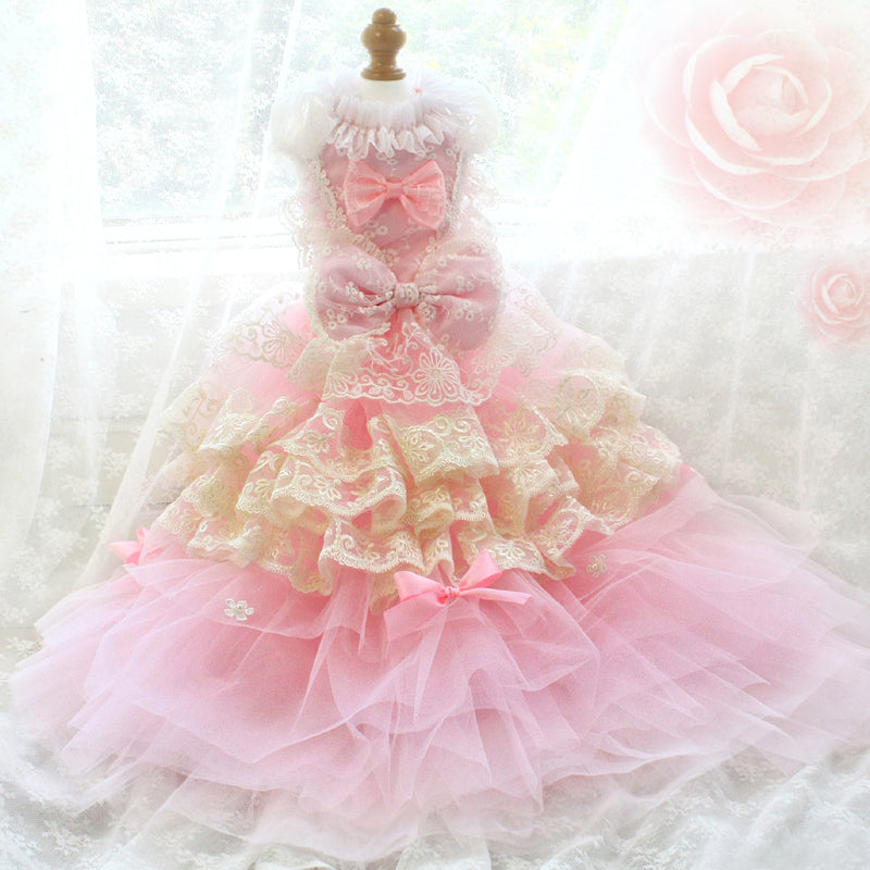 Elegant Pink Lace Dog Dress Trailing Handcrafted Princess Tutu Gown for Wedding Party