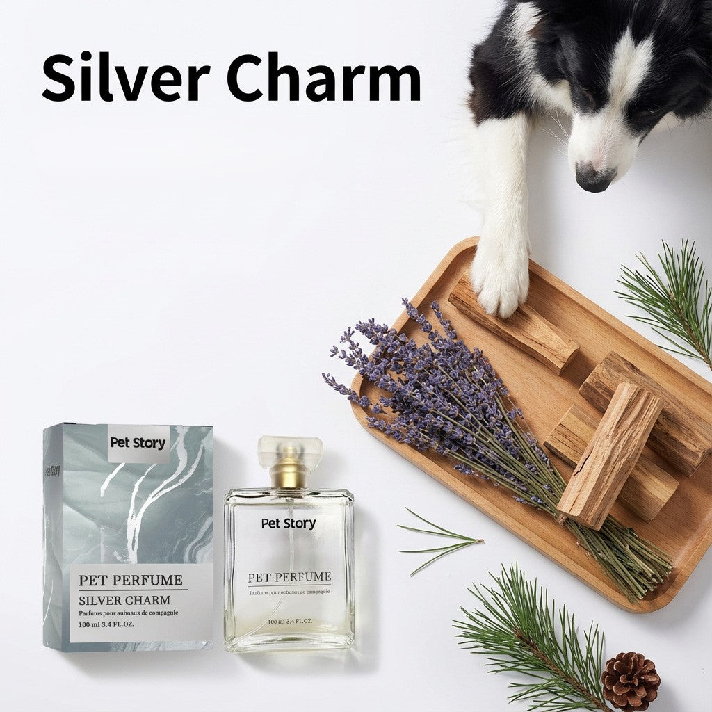 Silver Charm pet perfume spray with 100 ml bottle, box, lavender, wood pieces, and dog paw