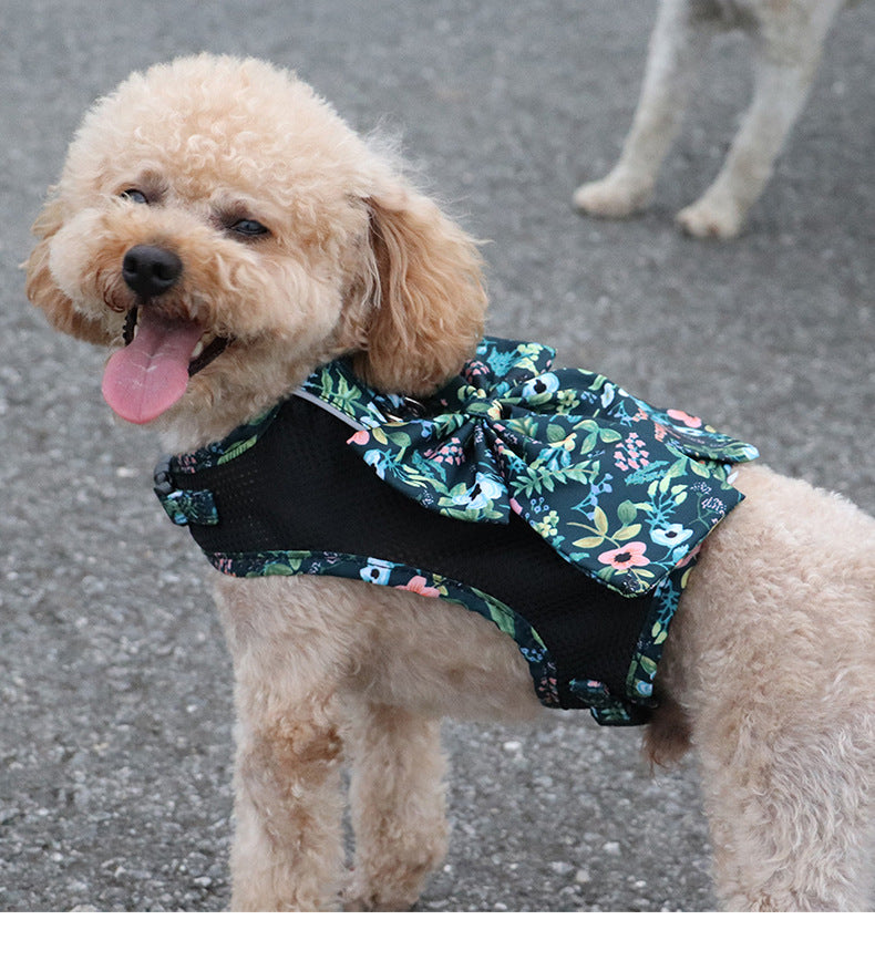 Floral Bow Mesh Dog Harness Dress with Leash
