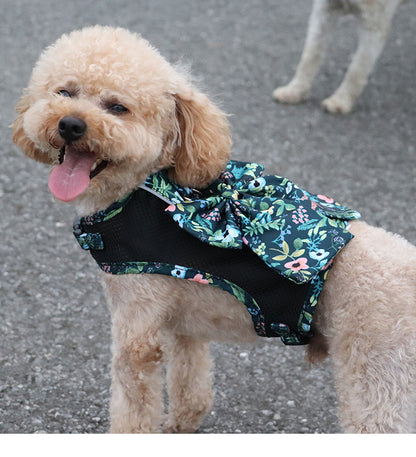 Floral Bow Mesh Dog Harness Dress with Leash