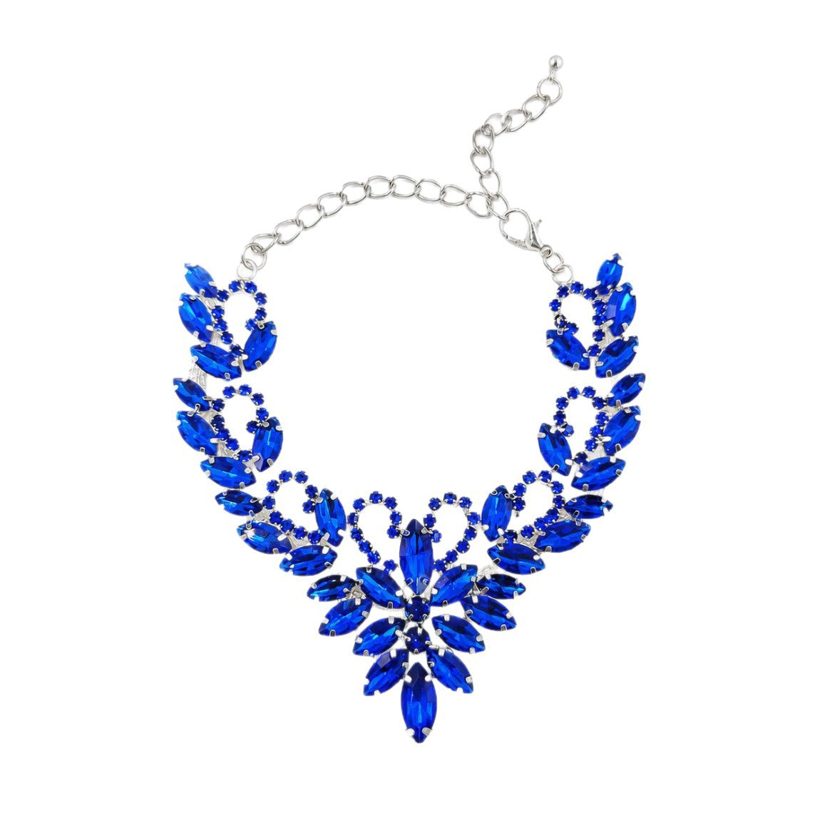 Blue pet necklace full view with adjustable chain, clasp, flower center, and leaf-shaped accents