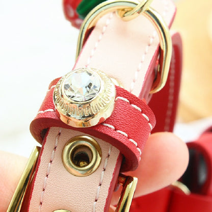 Handmade Red and Pink Bow Calf Leather Dog Collar with Rhinestone for Small Pets