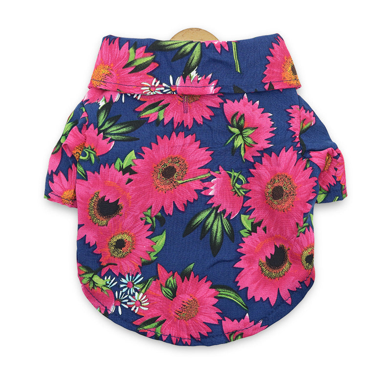 Blue dog shirt with bright pink flower print