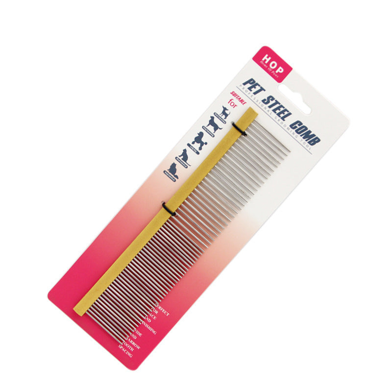 Large Gold dual-tooth metal pet comb displayed on retail packaging