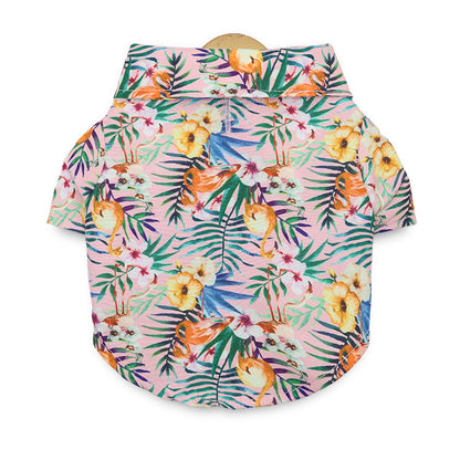 Pink tropical floral dog shirt with flamingo and leaf print