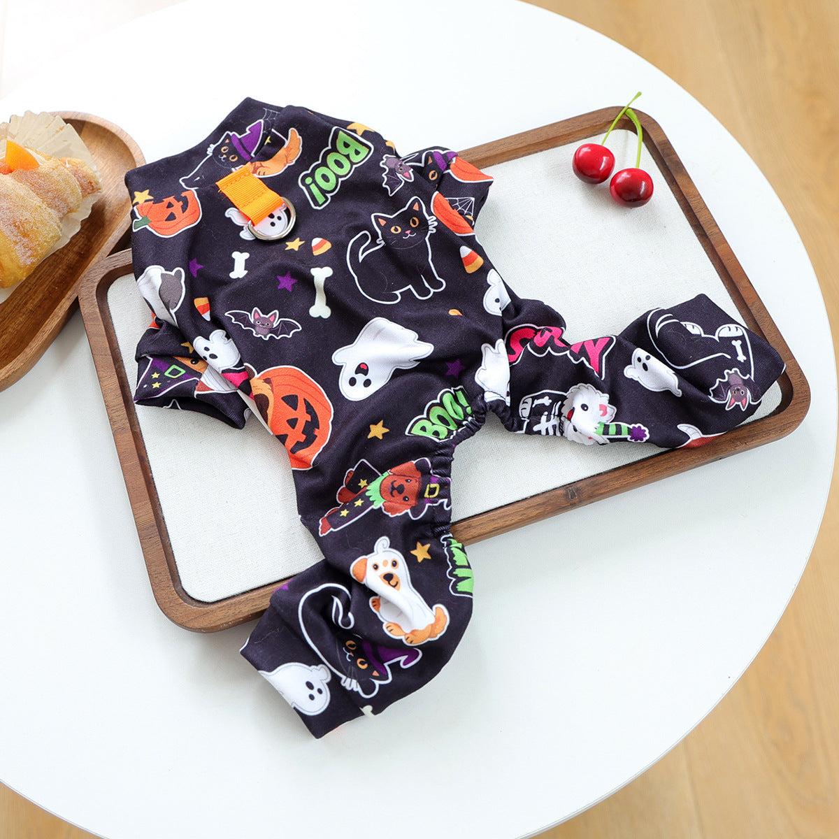 Black four-leg Halloween pet pajamas with pumpkin ghost cat bat and candy corn print