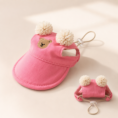 Pink teddy bear dog visor hat with pom pom ears