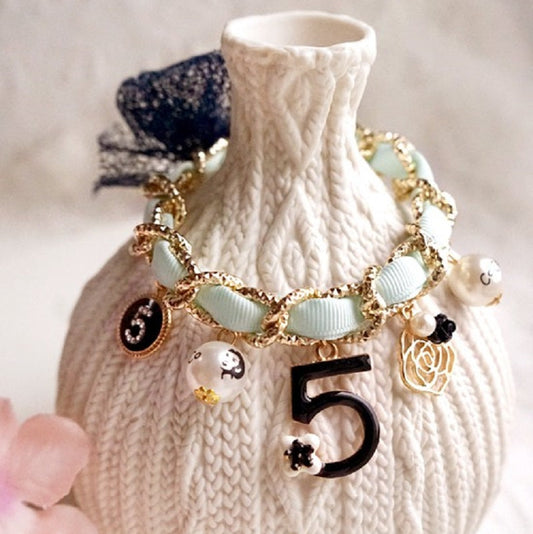 Luxury ribbon chain pet necklace with decorative charm pendant
