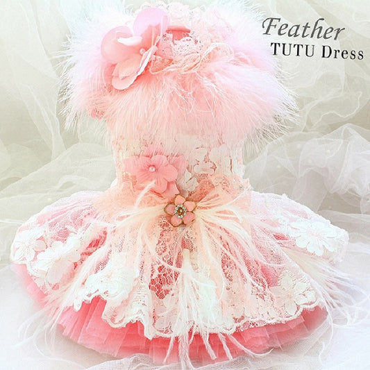 Unique Pet Feather Tutu Dog Lace Dress Princess Dress Pink Swan for Wedding Party Birthday Festival One Piece