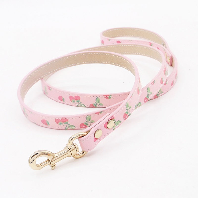 Handmade Strawberry Dog Collar Leash Sets Real Calfskin Customize