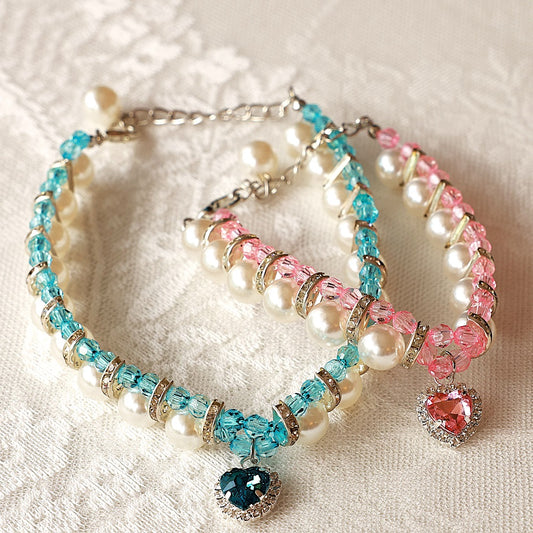 Pet Pearl Necklace with Heart Charm – Adjustable Crystal Collar