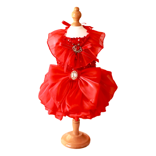 Red Princess Dog Dress – Sequin Lace & Jewel Bow Gown