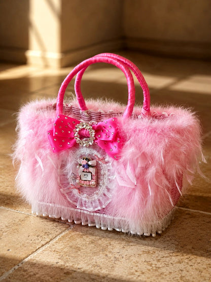 pink luxury pet carrier bag for small dogs with feather trim