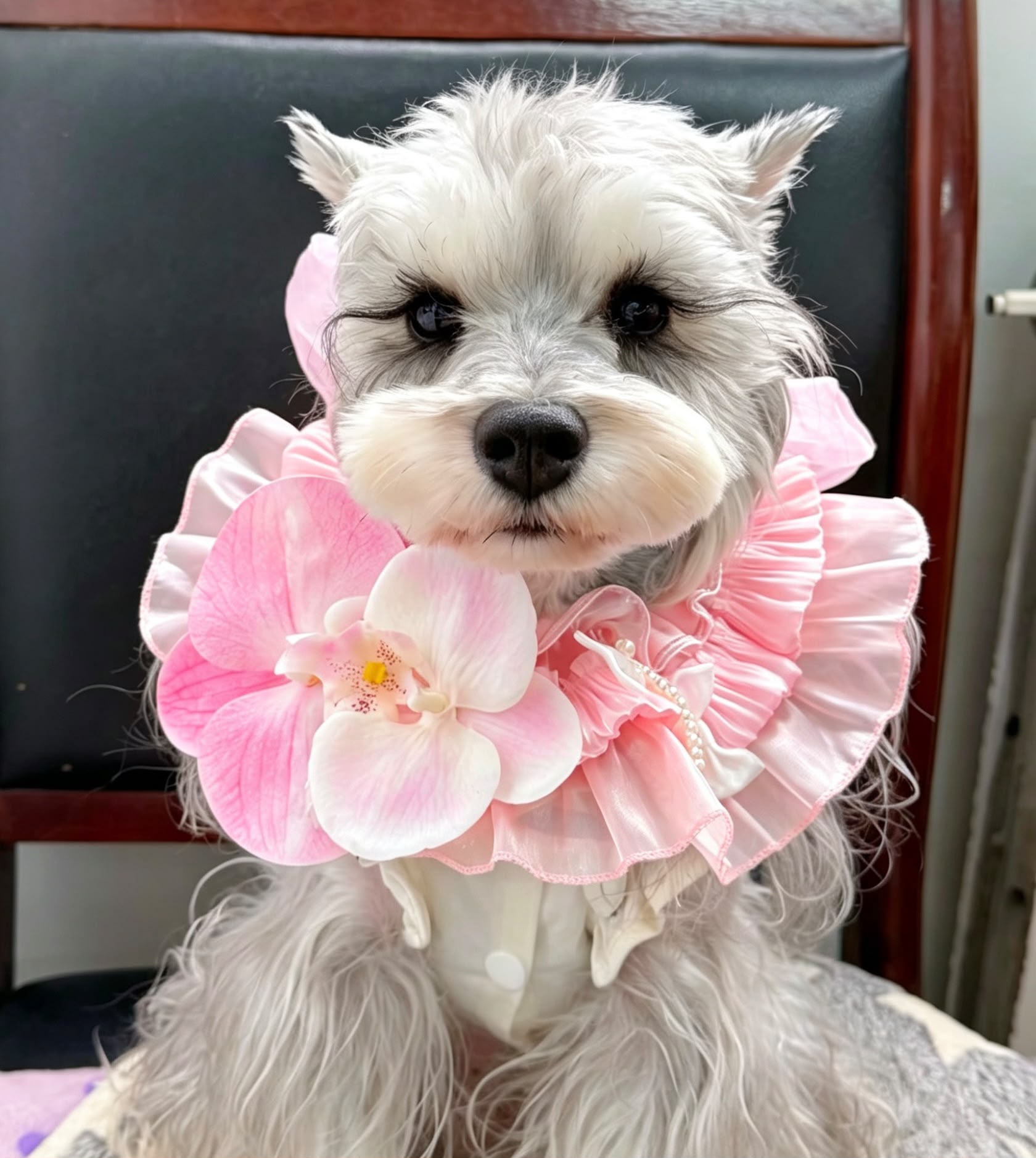 Small dog wearing a floral pet bib collar as a dress-up fit reference