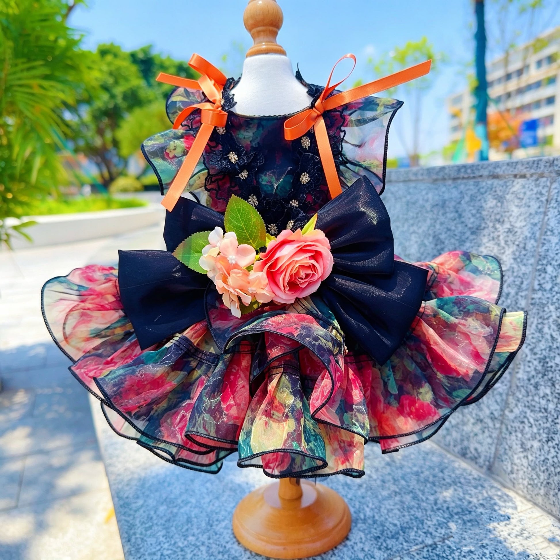 Multicolor floral tulle pet dress front view with dark bow and flower accent
