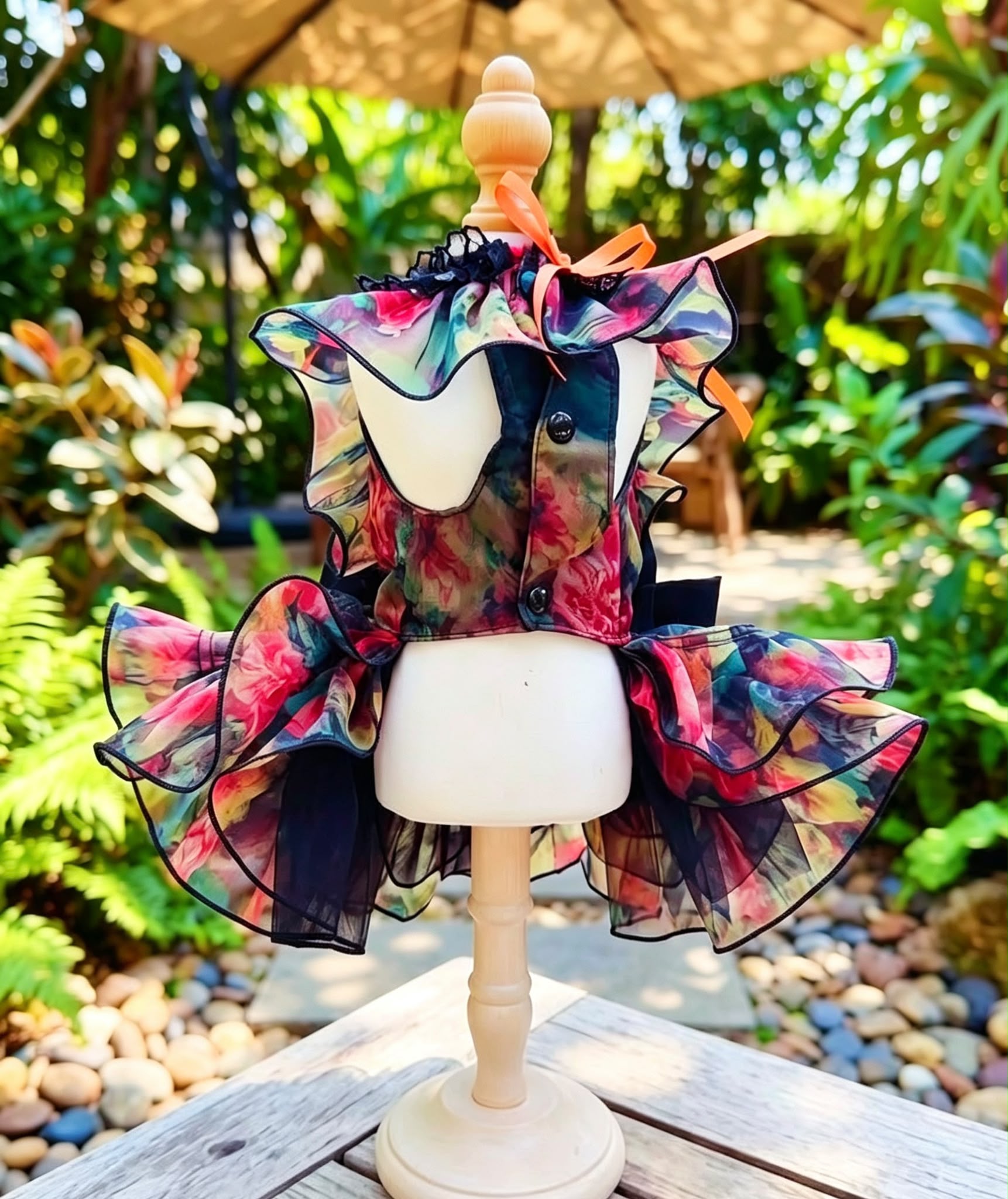 Back view of multicolor floral pet dress with black buttons and ruffled skirt