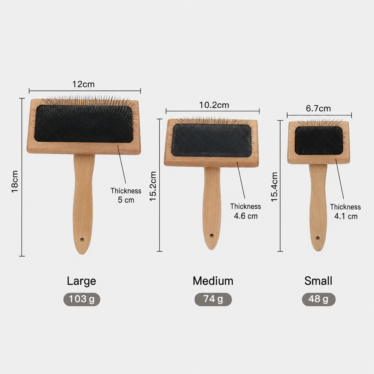 Bamboo slicker brush size chart showing small and large measurements